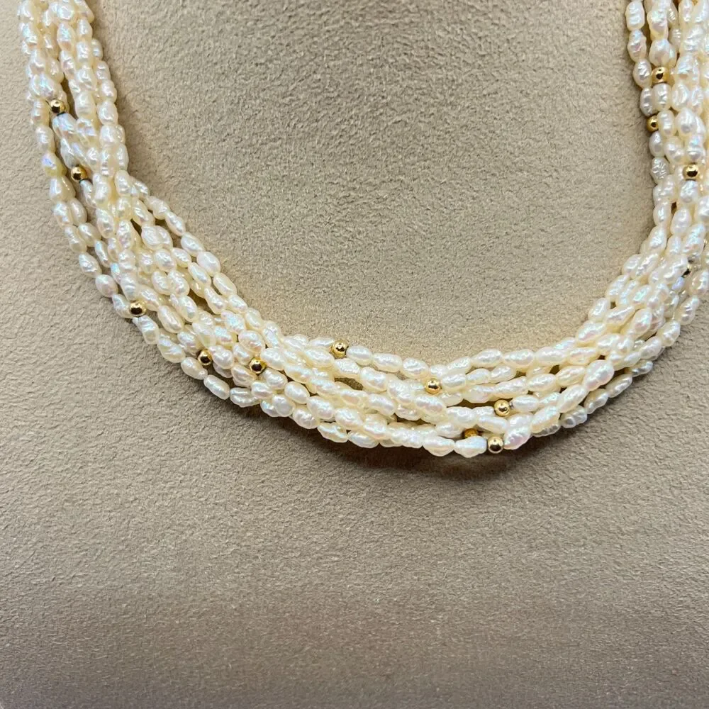 Vintage Keshi Pearl 10 Strand Choker Necklace 14K Gold Accent Beads